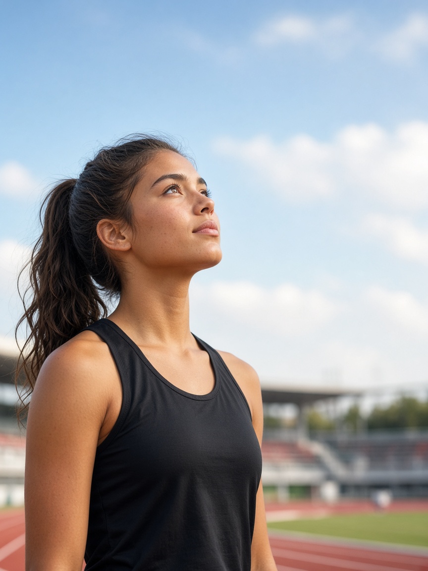 Confident teenage track athlete looking upward outdoors
